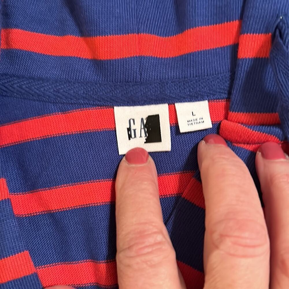 Gap Women’s Boxy Oversized Striped Long Sleeve V-Neck Hoodie Sz L Blue and Red - Picture 5 of 6